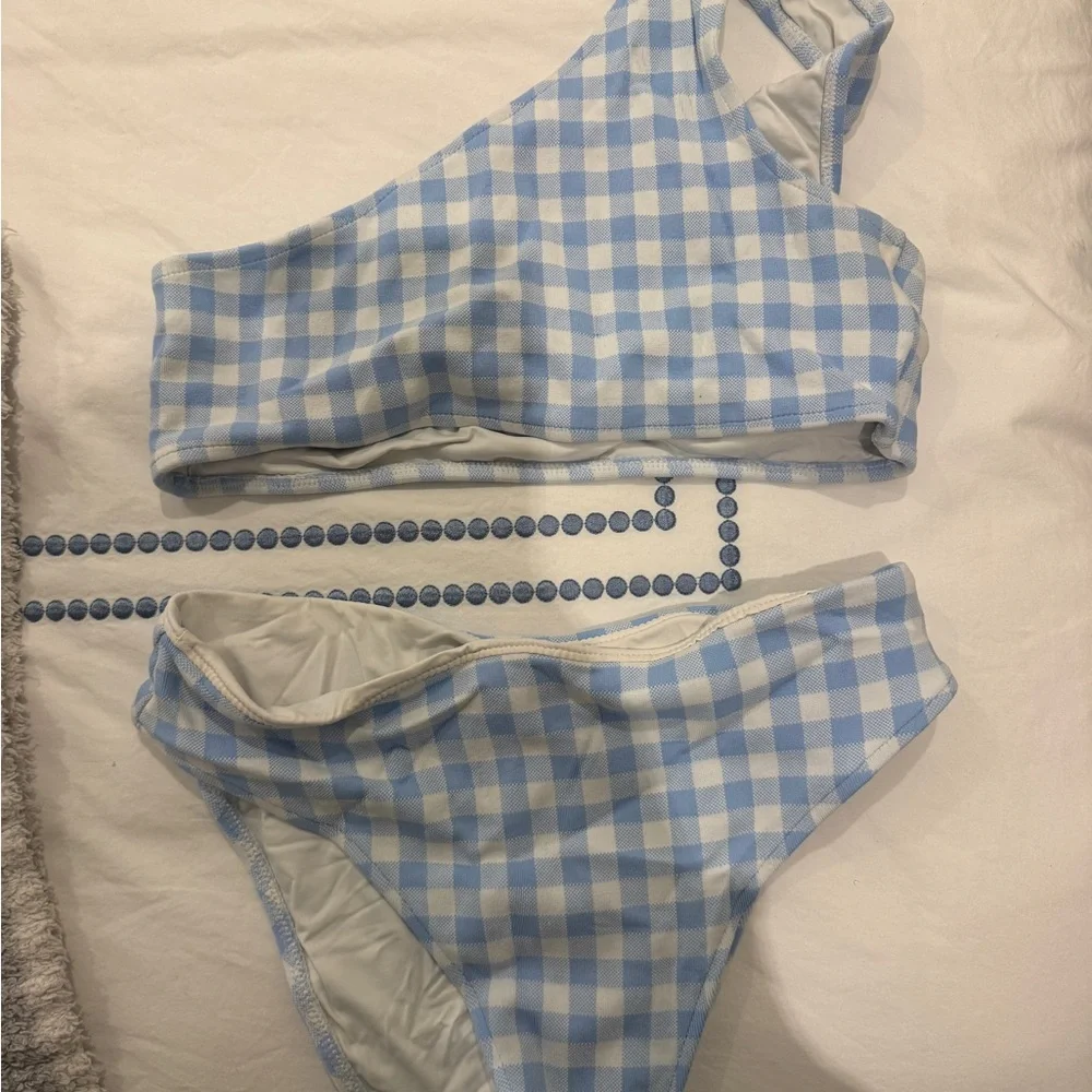 Frankie's Bikinis Sky Blue Gingham One-Shoulder and High Waisted Bottom Bikini
